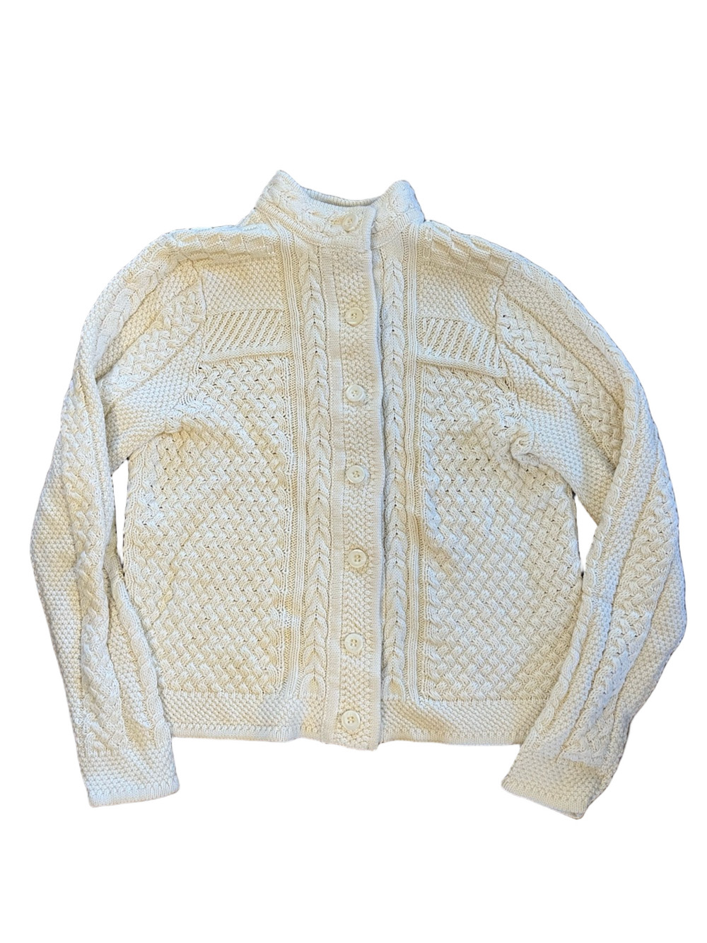 L.L. Bean Fisherman Cable Knit Cardigan Sweater Cream Ivory Heavyweight Cotton S